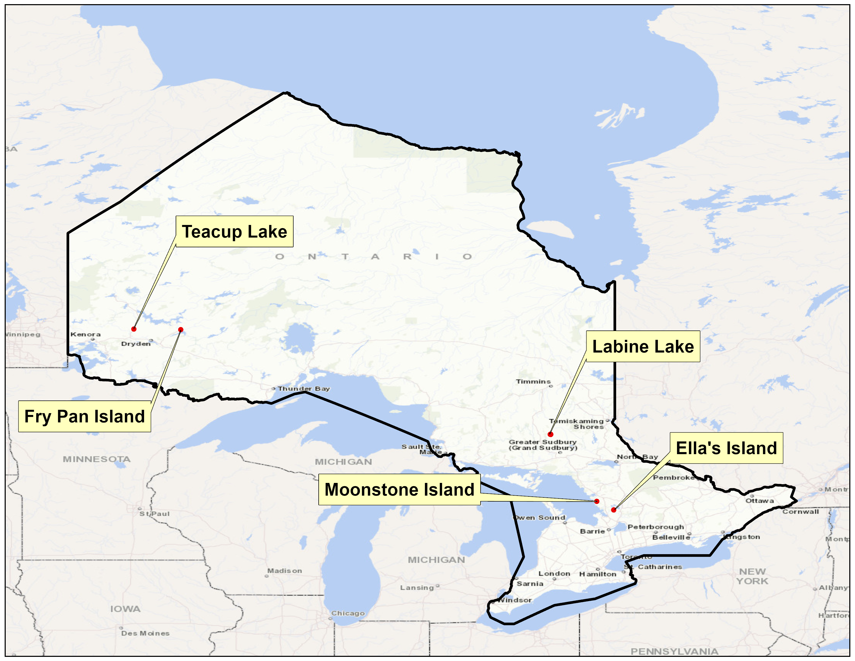 Map of Ontario with locations of name proposals highlighted.